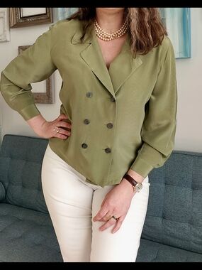 Vintage Femme De Carriere Olive Green Silk Double-Breasted Blouse Made In Canada